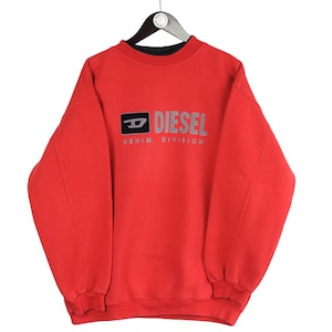 vintage DIESEL men&#39;s fleece sweatshirt big logo rare red retro sweat Size XL athletic sport wear 90s USA style polyester jumper crewneck