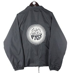 vintage THINK FAST Fletcher Coach Jacket Size L men&#39;s oversized 90&#39;s authentic collared black made in USA style windbreaker streetwear
