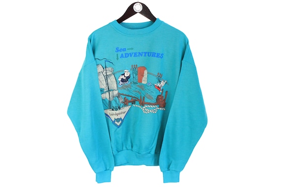 vintage SEA ADVENTUROUS big logo sweatshirt New Era authentic basic blue Size S men's athletic streetwear retro 90's jumper crewneck