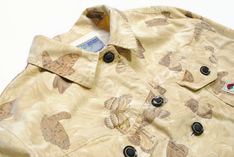 vintage KENZO Jeans women/'s beige jean jacket SIZE L authentic wave jeans denim floral butterfly pattern print art 80s 90s bomber button up
