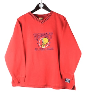 Sudadera vintage LOONEY TUNES Warner Bros Tweety talla M para mujer, jersey con logo grande, jersey deportivo rojo brillante, jersey retro raro de dibujos animados de los 90
