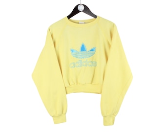 vintage ADIDAS Cropped Sweatshirt Size Women's M big logo yellow crewneck retro sport jumper athletic wear 90's basic style made in Korea