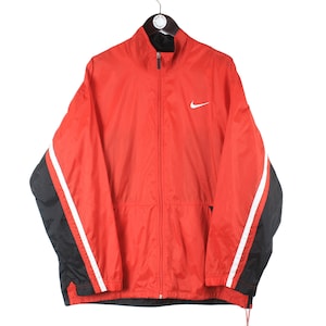 Vintage NIKE Jacke Größe L authentisch rot schwarz Swoosh großes Logo Retro Rave Sport sportlich 90er Jahre voller Reißverschluss Hip Hop Streetwear Windjacke