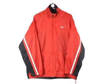 vintage NIKE jacket Size L authentic red black swoosh big logo retro rave sport athletic 90's full zip hip hop streetwear windbreaker
