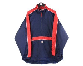 vintage ADIDAS Anorak jacket windbreaker Size L men's athletic sport blue small logo pockets half zip retro light wear running