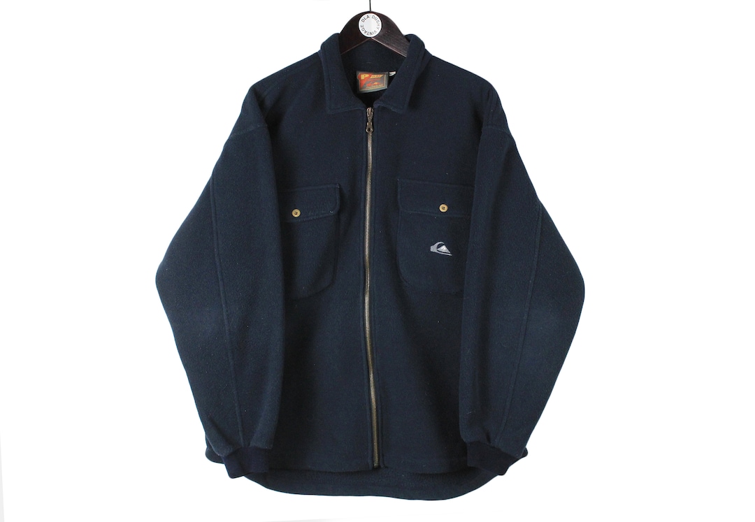 Vintage QUIKSILVER Fleece Jacket Navy Blue Warm Long Sleeve Coat Retro