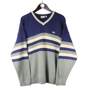 vintage LACOSTE Sweater authentic Jumper Size M retro men's striped pattern 90's blue gray long sleeve sweatshirt pullover v-neck