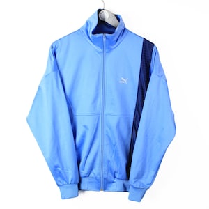 Vintage PUMA Trainingsjacke Größe L authentisches blaues kleines Logo selten Retro sportlich 90er Polyester Streetwear Outfit klassisch Sport Windbreaker