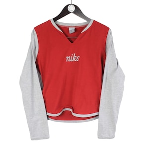 vintage NIKE long sleeve t-shirt V-neck Size women&#39;s L 00s wear sweatshirt red gray retro streetwear front logo cotton style light wear