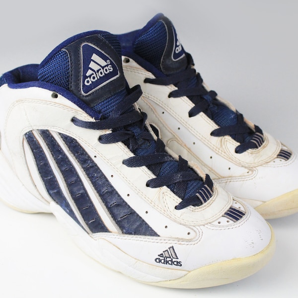 vintage ADIDAS authentic white blue sneakers Size US 8 men's rare retro basketball style athletic shoes 90s classic streetwear