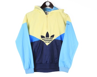 Sweat à capuche ADIDAS vintage des années 80 fabriqué en Allemagne de l'Ouest, sweat-shirt rétro rare authentique avec capuche en nylon taille S bleu jaune rave pour femmes