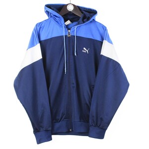 Vintage PUMA Trainingsjacke mit Kapuze Size L authentisch blau retro rave Hipster 90s wear style Streetwear sportlich unisex Windjacke Polyester