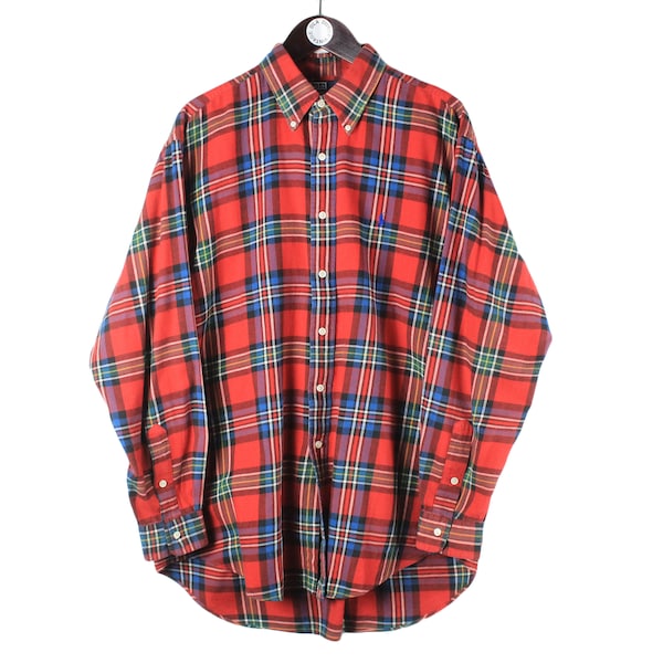 vintage POLO by RALPH LAUREN Shirt plaid pattern oxford collared long sleeve Size L 90s clothing casual style red blue wear brand small logo