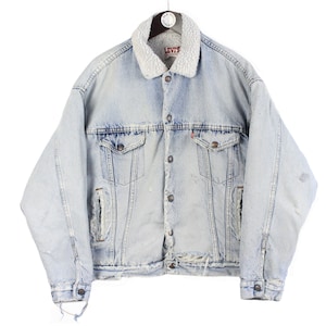 vintage LEVI&#39;S sherpa denim jacket Size M/L men&#39;s jeans trucker truck hunting buffalo blend heavy work wear wash coat made in USA 80&#39;s