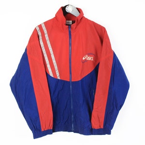 Vintage ASics Trainingsjacke authentisch rot blau seltene Retro-Rave Sportbekleidung Herren Größe M 90er Jahre Sport Windjacke Full-Zip Streetwear