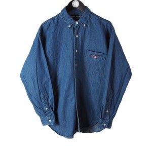 vintage POLO SPORT by Ralph Lauren Hemd blue denim jean oxford Kragen Langarm Gr. L 90er Jahre Kleidung Casual Style hip hop wear USA Brand