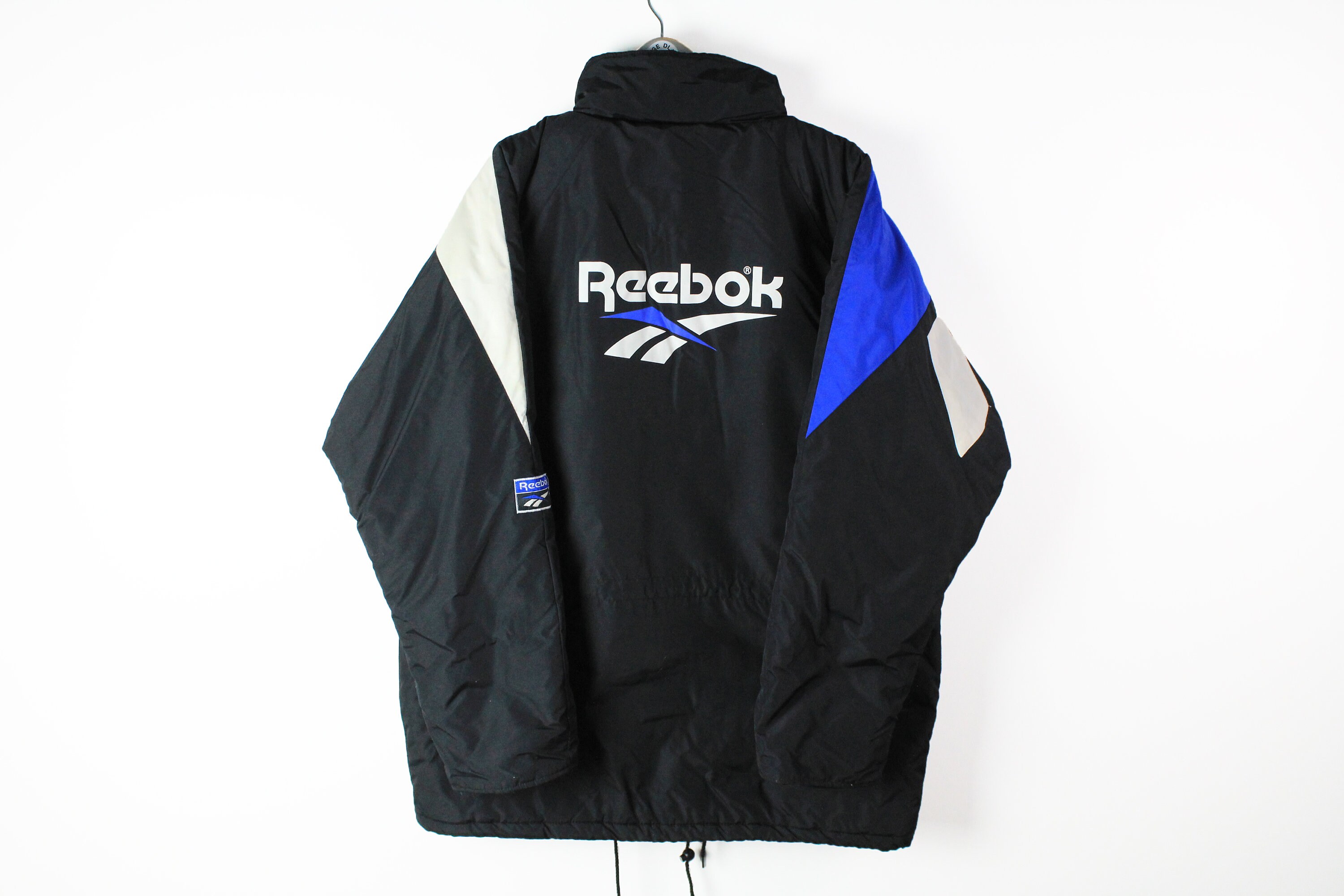Vintage REEBOK Jacket Size XL Black White Blue Big Logo Authentic