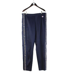 vintage CHAMPION track pants snap buttons Size L rare hip hop style basketball wear retro style rave sport athletic men&#39;s navy blue 90s