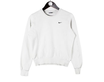 felpa NIKE vintage da donna taglia S autentico raro anni '90 rave wear maglione hip hop retrò oversize streetwear piccolo logo frontale cotone bianco