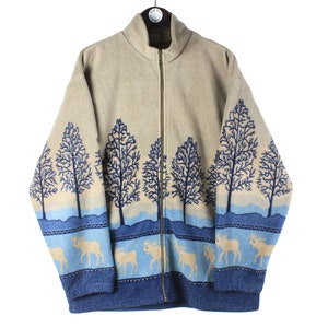 vintage FLEECE nature animal pattern men&#39;s Size L full zip authentic print street style retro jumper polar winter wear heavy outdoor ski