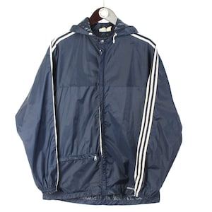 vintage ADIDAS Jacket Hooded windbreaker authentic streetwear 90s retro men's Size S sport wear rain coat full zip light wear blue 3 stripes