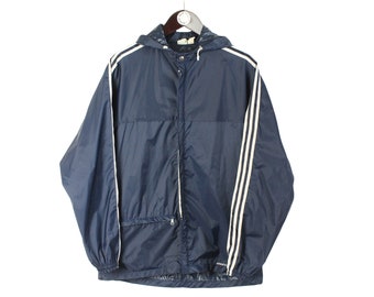 vintage ADIDAS Jacket Hooded windbreaker authentic streetwear 90s retro men's Size S sport wear rain coat full zip light wear blue 3 stripes