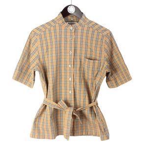 Vintage BURBERRYS Shirt Damen Gr. M authentische retro 90er kariert Nova Check braun Basic Wear Gürtel England Style Kurzarm Bluse