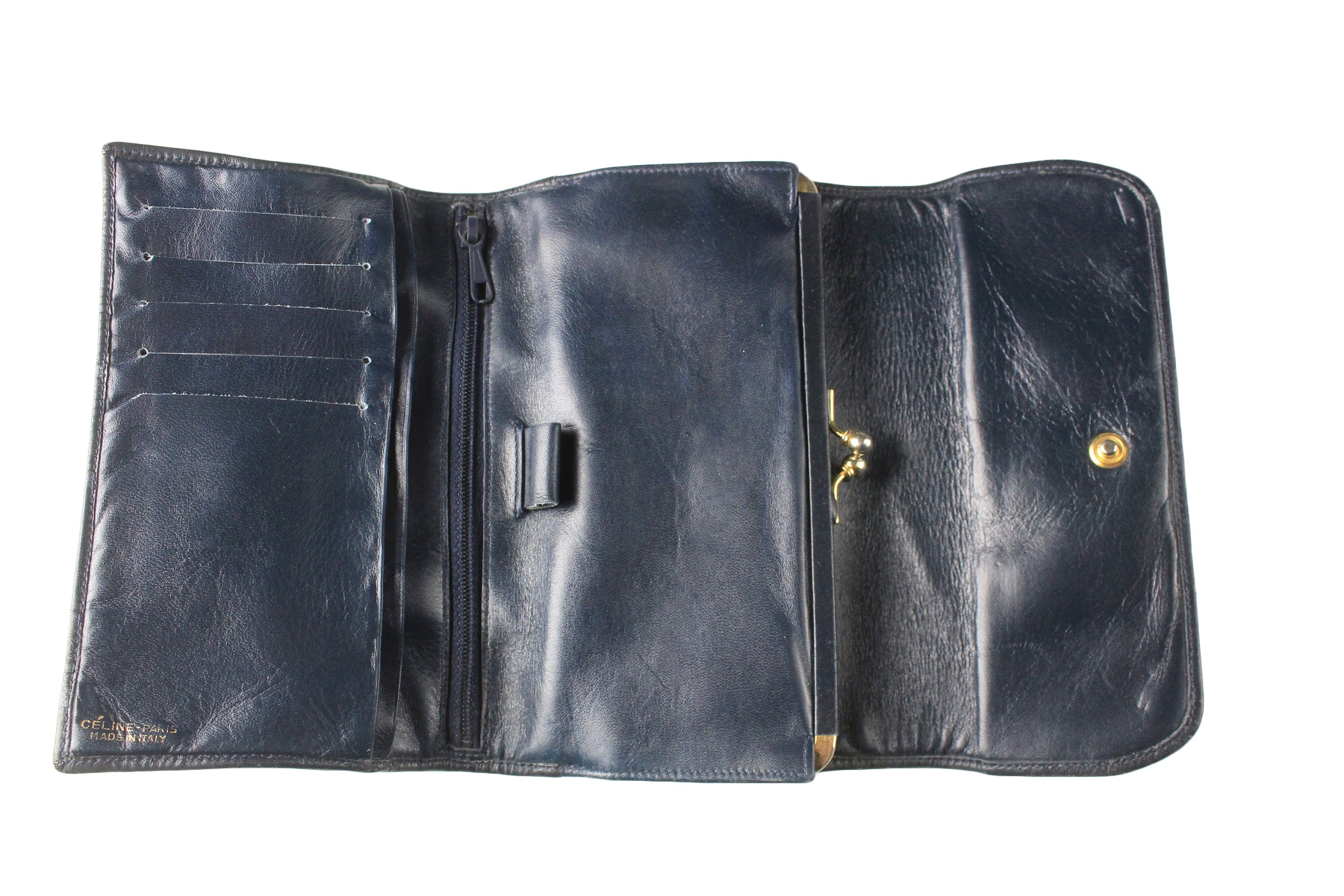 Vintage CELINE Wallet Blue Gray Monogram Canvas Leather Luxury