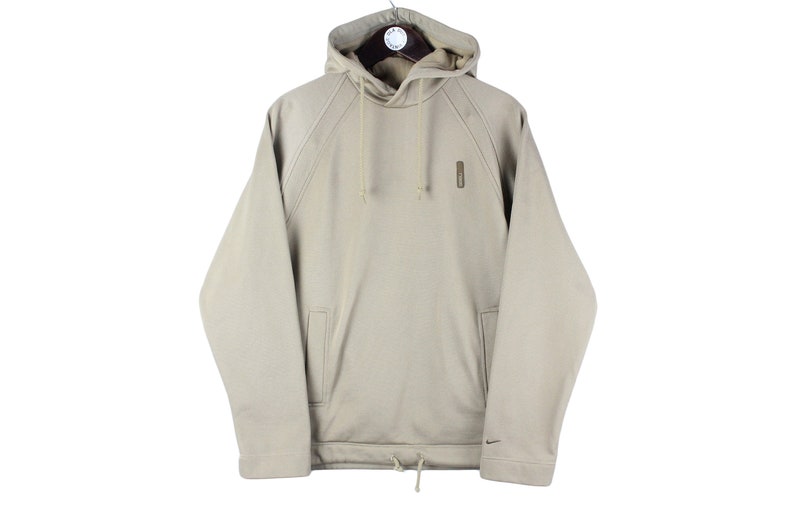 Vintage NIKE Hoodie Storlek S Herr Autentisk Basic Sport Beige Tröja med Liten Logotyp Oversize Passform Retro Streetwear 00-90-tals Hoodie bild 1