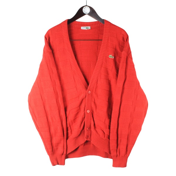 vintage LACOSTE Cardigan red authentic sweater Size men's XL rare retro men's casual style 90's deep v-neck basic button up warm jumper