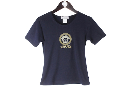 Vintage Gianni Versace T-shirt Cotton Navy Blue Embroidery Big