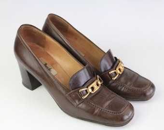 Vintage CELINE Pump In Patent Cousu Main Shoes Women&#39;s 36.5 authentic brown leather rare 80s 90s luxury brand style vogue retro classic heel