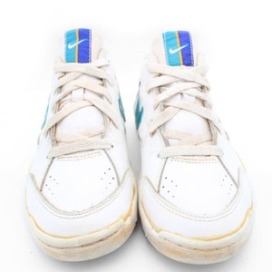 May include: White leather sneakers with blue and yellow accents on the tongue. The laces are white and the shoes have a worn look.