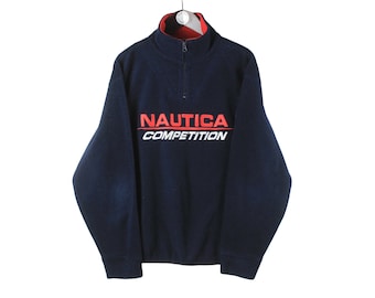 vintage NAUTICA fleece sweater 1/4 zip Size L men's authentic big logo outfit 90s rare retro navy blue outdoor style sweater made in USA