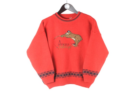 vintage FISHING Sweater big logo men's Bear Fisher ski 80's 90's winter  jumper old school style Size women's XS embroidery retro wear