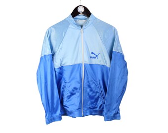 vintage PUMA men's track jacket Size S authentic blue rare retro rave full zip 90s 80s wear style streetwear athletic polyester windbreaker