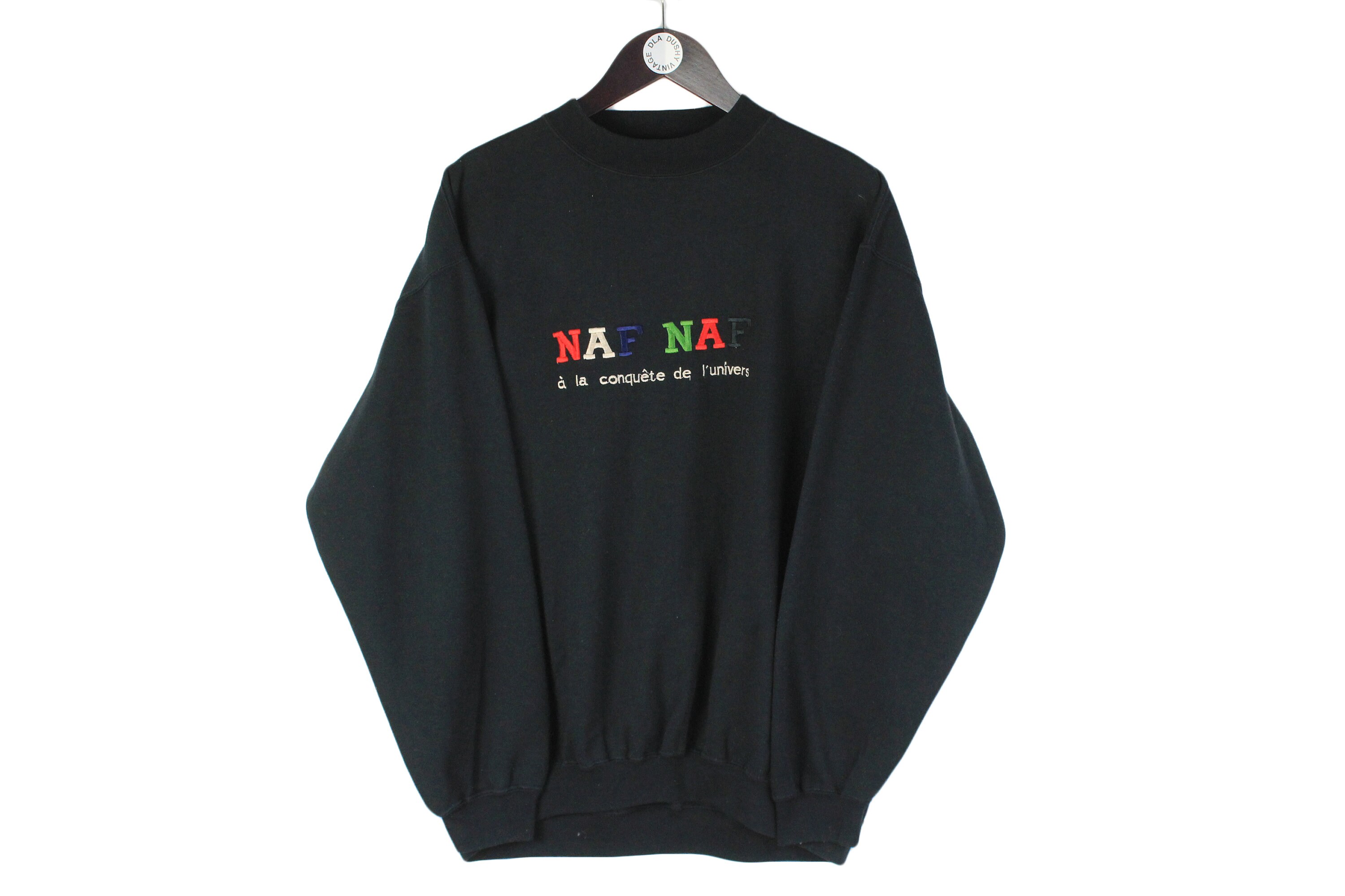 Vintage NAF NAF Sudadera gran logo bordado suéter de gran tamaño unisex  auténtico 80s 90s casual básico raro retro negro deporte sudor tamaño L -   España