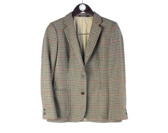 Vintage DAKS authentische Blazer-Jacke mit Karomuster, klassisch, reine Schurwolle, Retro-Stil, Größe Damen M, braun, 90er-Jahre, Luxus-Knöpfe für Herren, London