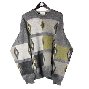 vintage HUGO BOSS Sweater Size XL men&#39;s gray wool retro knitted luxury long sleeve jumper crewneck 90&#39;s pullover abstract pattern