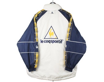 vintage LE COQ SPORTIF Jacket authentic full zip big logo Size M men&#39;s 90&#39;s style Jumper retro sport white blue light wear French brand