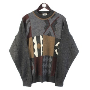 vintage HUGO BOSS Sweater Size XL men&#39;s gray wool retro knitted luxury long sleeve jumper crewneck 90&#39;s pullover abstract pattern