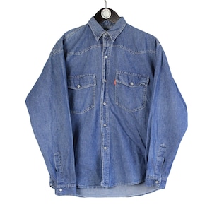 vintage LEVIS jean shirt Size S/M authentic denim blouse 90&#39;s USA style retro western cowboy retro unisex streetwear snap blue work wear