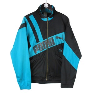 vintage PUMA men&#39;s track jacket Size M authentic black blue acid rare retro rave hipster 90&#39;s big logo windbreaker sport streetwear clothing