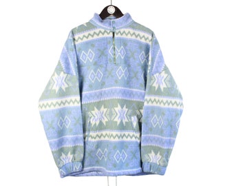 vintage FLEECE 1/4 zip Sweater Retro men's Size XL authentic winter sweatshirt 90's ski style jumper star white blue abstract pattern