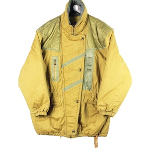 vintage Luhta Ski Jacket Women&#39;s Size XL authentic retro yellow puffer small logo mountain 90&#39;s winter sport style athletic abstract pattern