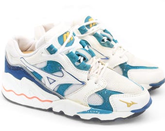 Zapatillas vintage MIZUNO para mujer, talla 7 de EE. UU., auténticas zapatillas deportivas de calle, zapatillas deportivas retro raras de los años 90, zapatillas deportivas clásicas blancas y azules