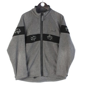 vintage JACK WOLFSKIN Fleece Sweater Size M men&#39;s full zip gray cardigan outdoor winter warm hipster retro rave 90&#39;s paw logo activewear