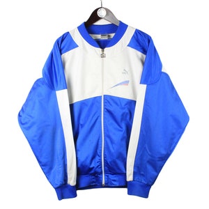 vintage PUMA track jacket Size XL authentic white blue rare retro rave 90&#39;s 80&#39;s polyester streetwear clothing classic sport windbreaker