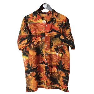 vintage HAWAII shirt Bright Palms pattern orange short sleeve authentic 80s retro blouse t shirt summer vibe Size XL palm print 90&#39;s