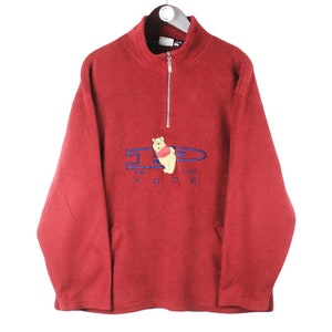 Suéter vintage DISNEY Winnie the Pooh Fleece 1/4 Zip Talla M para hombre Colección retro 90's Gran logo Cartoon World Jersey estilo invierno rojo